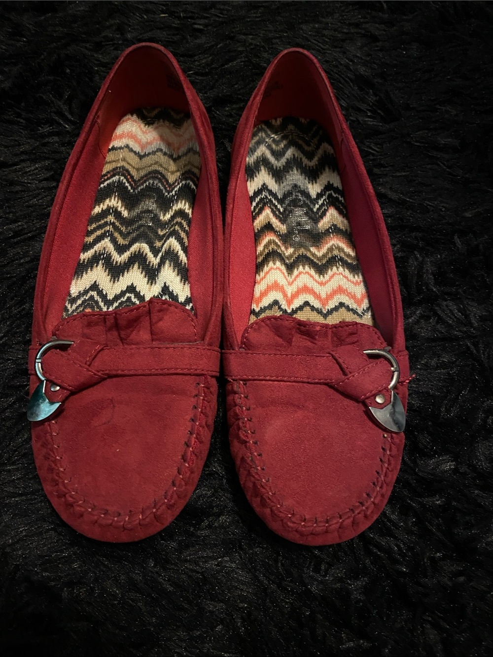 Women's Burgundy Suede Moccasin Loafers with Decorative Hardware